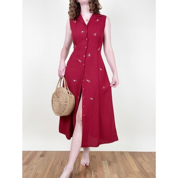 Vintage Linen Embroidered Midi Maxi Dress Cottagecore Floral Summer Sun 90s Y2K - Picture 4 of 7